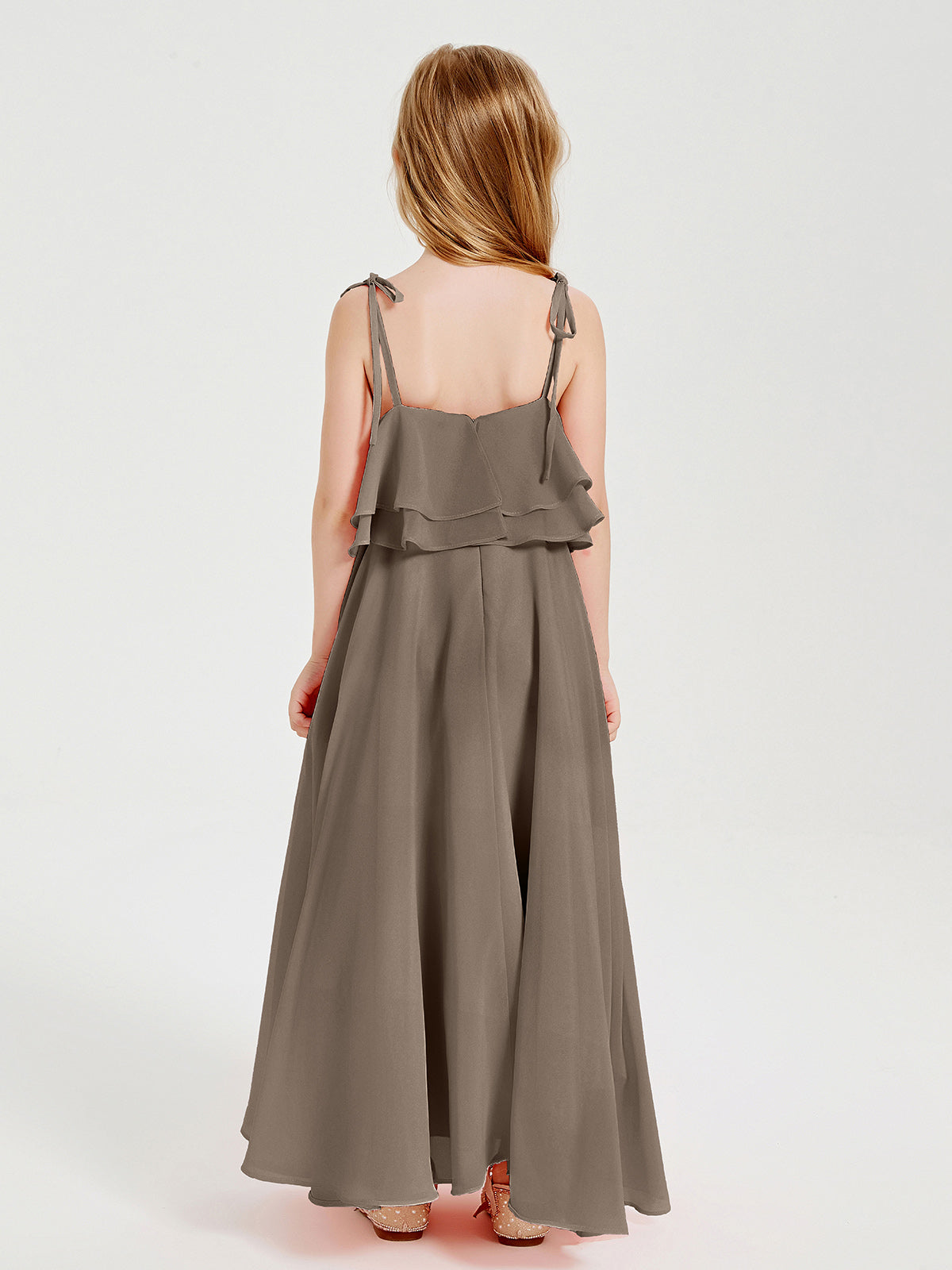 Chiffon Junior Bridesmaid Dresses Long Cascading Skirt Taupe